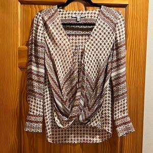 Derek Lam 10 Crosby beige and burgundy blouse with tie in the front.